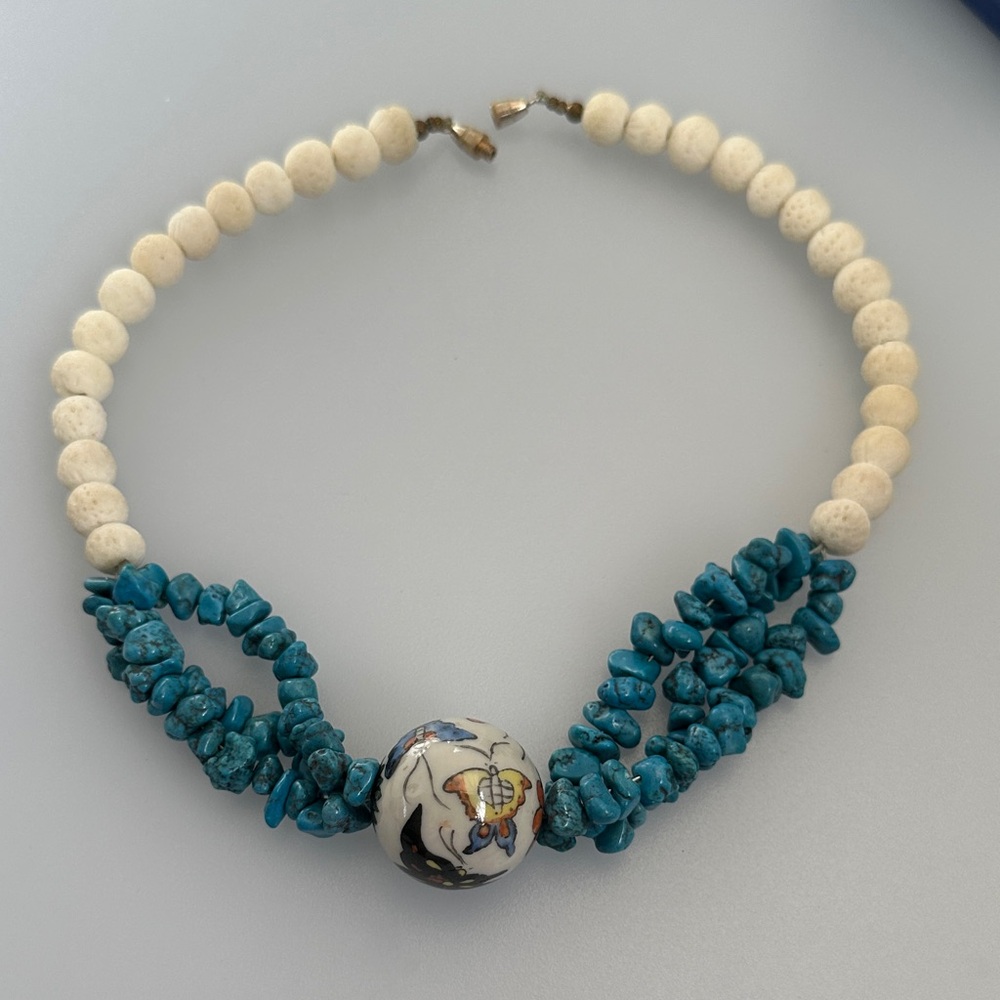 Artisan Blue and Cream Beaded Necklace